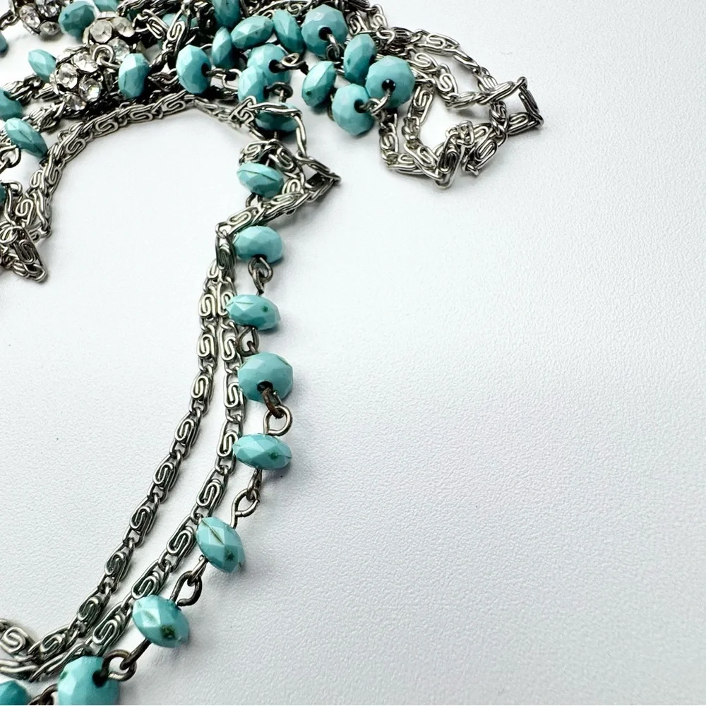 Turquoise Multi-strand Boho Necklace Silver Toned Chains 28”